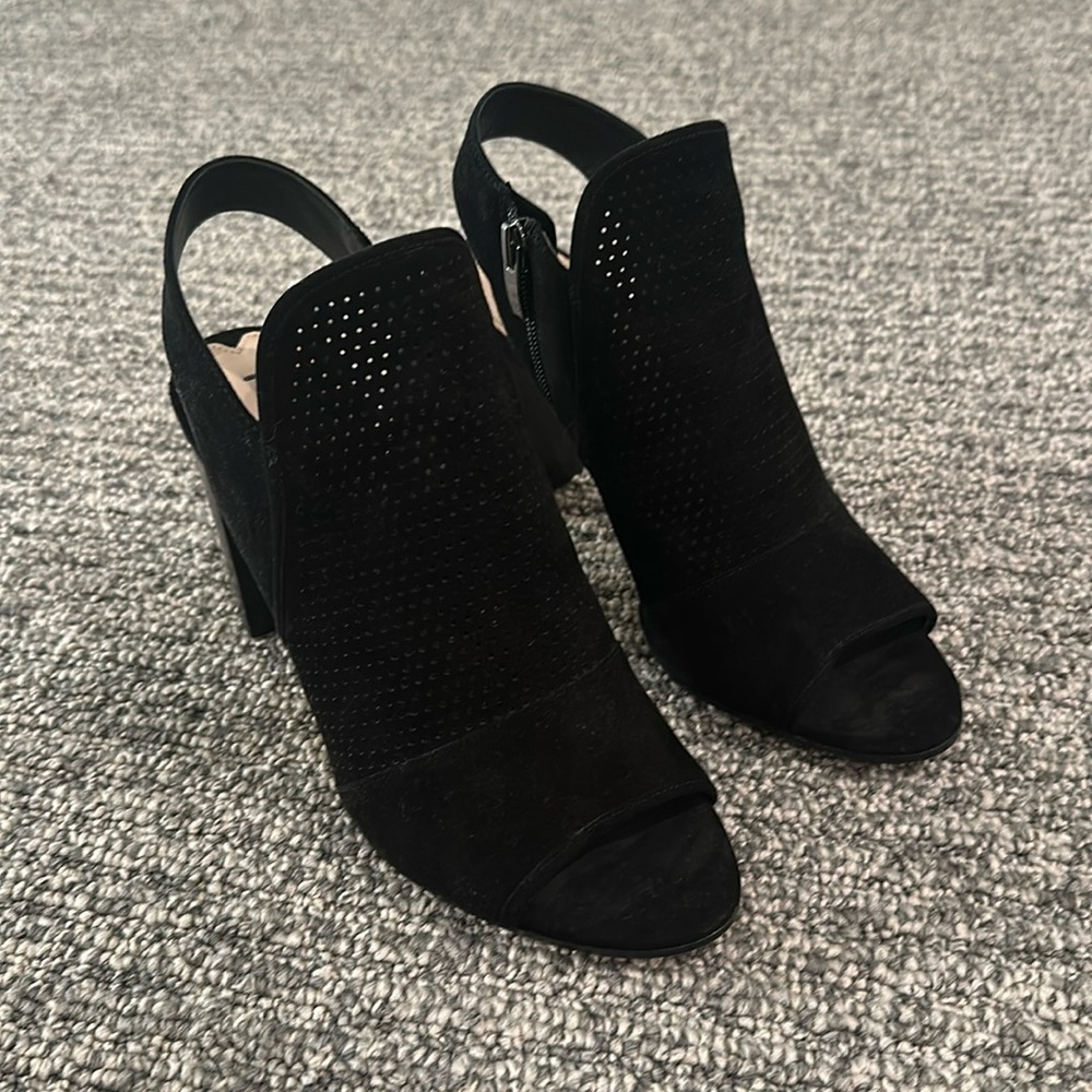 Via Spiga Black Suede Open Toe Heels Sz 7.5